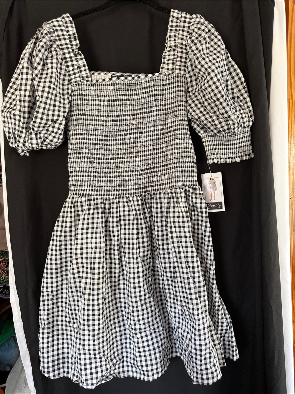 Everly Black & White Gingham Smocked Puff-Sleeve Dress